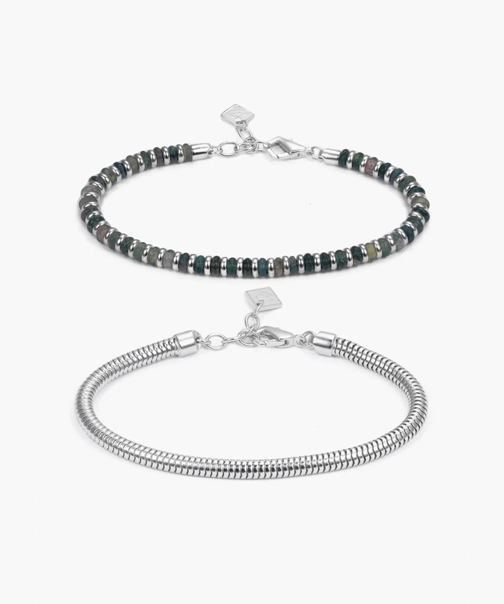 925 Sterling Silver Brontide Moss Agate 4 mm & Snake Chain Set